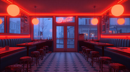A retro diner with neon red lighting, empty seats, and a misty street view through the windows.