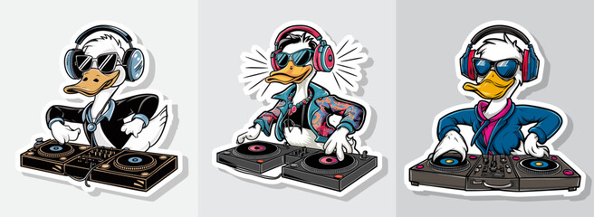 Fototapeta premium Duck DJ with headphones, sunglasses, and turntables, ready to party. Generative AI