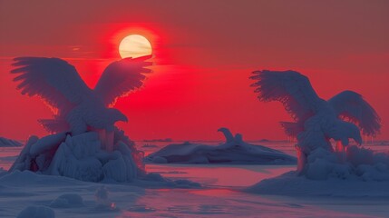 Fiery Red Sunset Illuminating Ice Sculptures Shaped Like Eagles in a Polar Desert