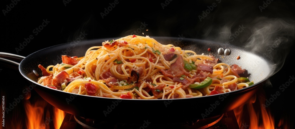Poster A copy space image of spaghetti tossed with ham and bacon in a sizzling stir fry