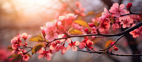 In a park on Elagin Island in St Petersburg there is a copy space image of a sunlit apple tree branch adorned with red and pink flowers