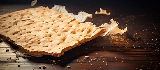 Close up image of a broken square matzah symbolizing Pesach a Jewish holiday celebration Copy space image