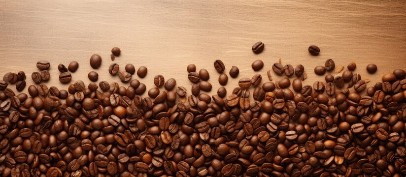 A copy space image featuring a textured coffee background adorned with a scattering of perfectly roasted coffee beans