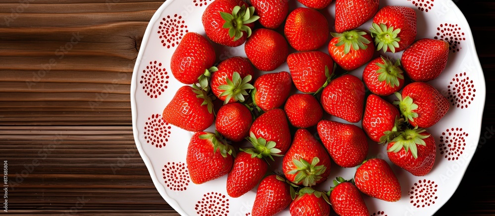 Poster A close up top view of strawberries arranged on a white plate set against a wooden background Offers ample copy space for adding text