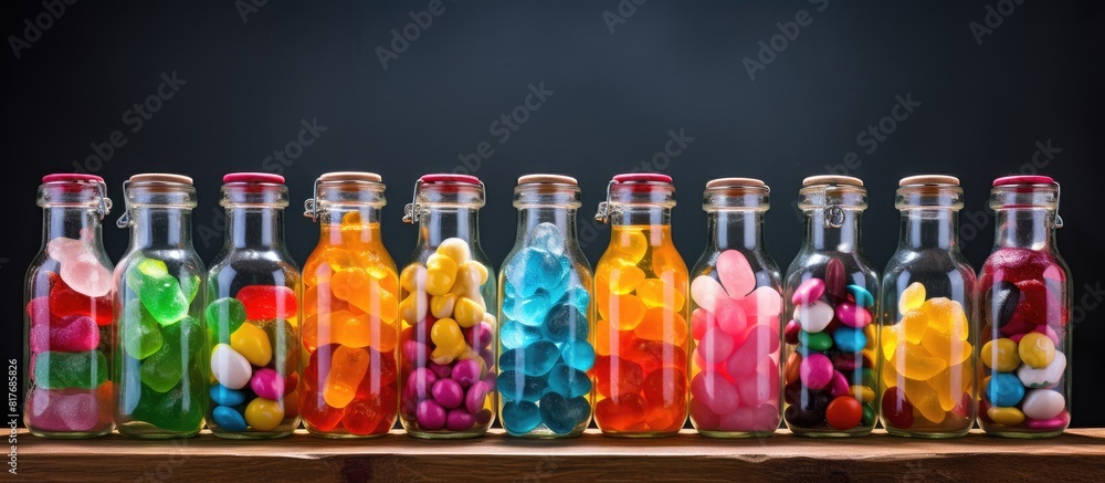Poster A copy space image of colorful candy filled bottles placed on a table