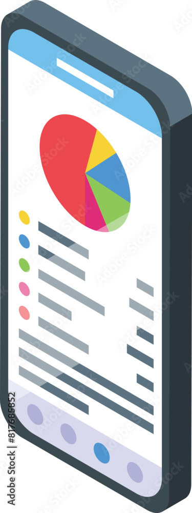 Poster 3d isometric illustration of a smartphone displaying a colorful pie chart and data analytics