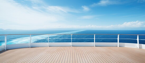 Fototapeta premium Ocean view with copy space image of a cruise ship deck and railing