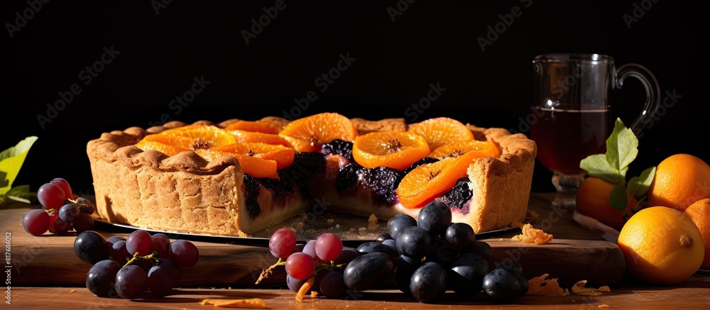 Poster A pie with black currants and apricots including the necessary ingredients is displayed in the copy space image