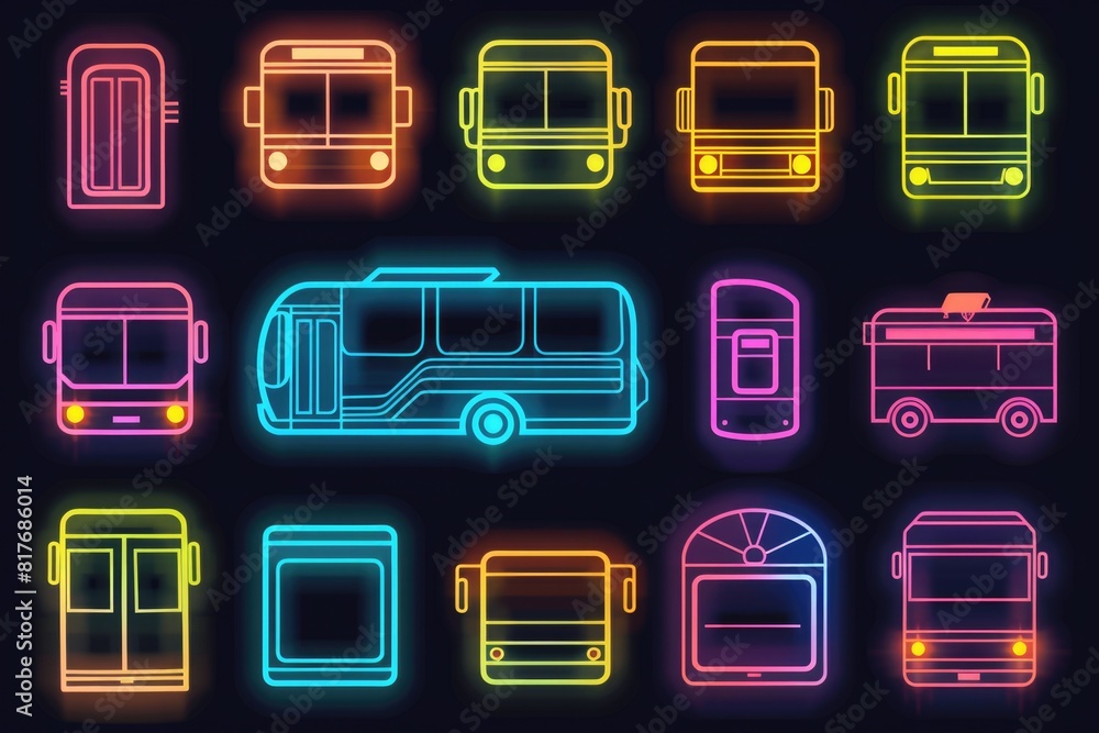 Poster Collection of neon bus icons for various uses