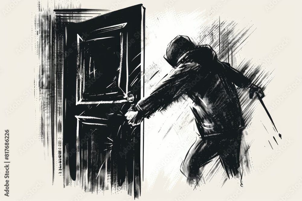 Poster A black and white drawing of a person opening a door. Suitable for various design projects