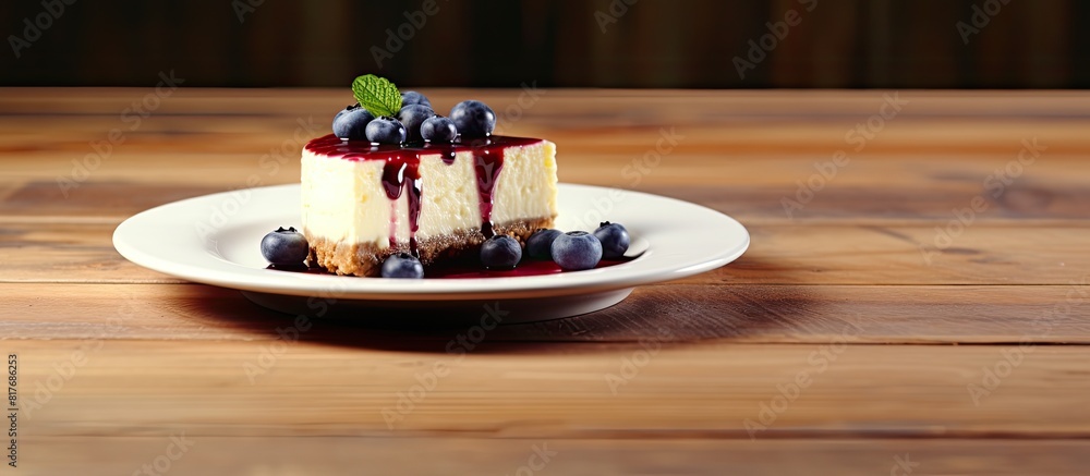 Poster a blueberry cheesecake is displayed on a white dish placed on a wooden table creating a visually app