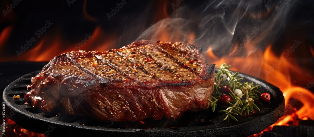 Poster a beef steak sizzling on a cast iron skillet with plenty of room for text in the background. creativ