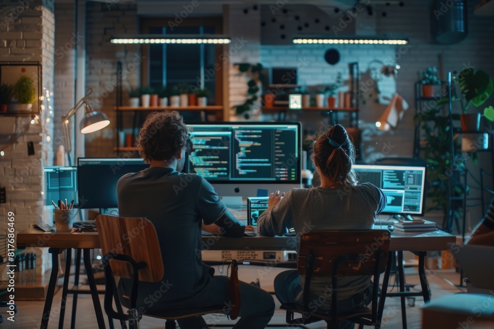 Aufkleber a couple of individuals sitting at a table with computers. ideal for business or technology concepts