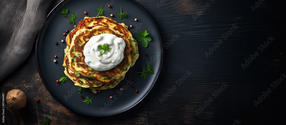 Poster A top view copy space image of potato and zucchini pancakes accompanied by sour cream placed on a dark table