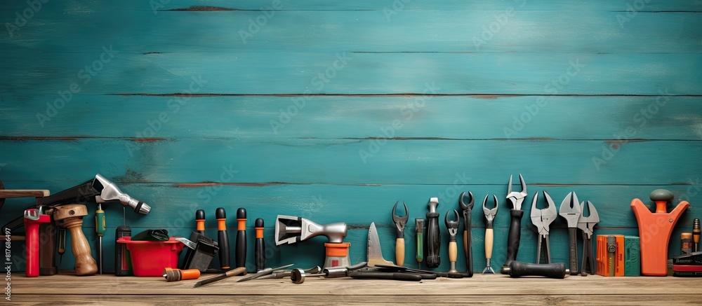 Poster A professional photograph showcasing a collection of DIY kit tools with a blank area for additional content or design