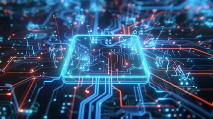 Obraz premium Futuristic Neon Blue Circuit Board with Electric Sparks, Technology in Action