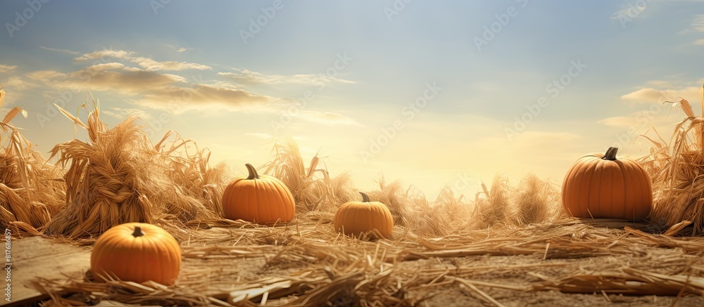 Poster In the daylight pumpkins sit atop haystacks creating a picturesque scene with spaciousness for text or graphics. Creative banner. Copyspace image