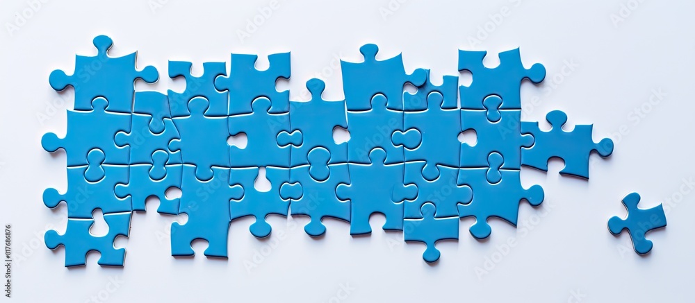 Poster A copy space image of an incomplete blue jigsaw puzzle seen from above against a lighter background