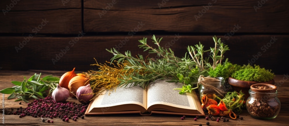 Poster Copy space image of an open recipe book displaying an assortment of fresh herbs and spices placed against a rustic wooden backdrop