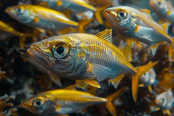 Herring fish in a school, representing vital components of marine ecosystems. 