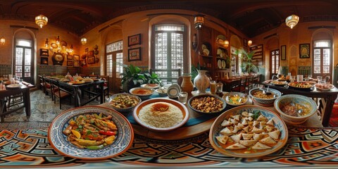 An immersive 360-degree equirectangular panorama of a traditional Moroccan feast, with aromatic...