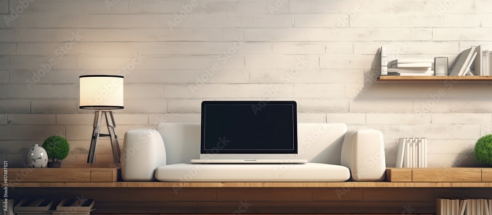 Aufkleber Modern living room with a laptop computer displaying a blank screen perfect for adding a copy space image