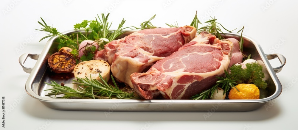 Poster a steel tray holds a raw pork shank knuckle with herbs positioned against a white background ample c