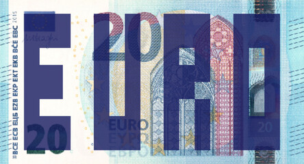 Vector obverse high polygonal pixel mosaic banknote of European Union. Front side. Denominations of bill 20 euro. Game money of flyer.
