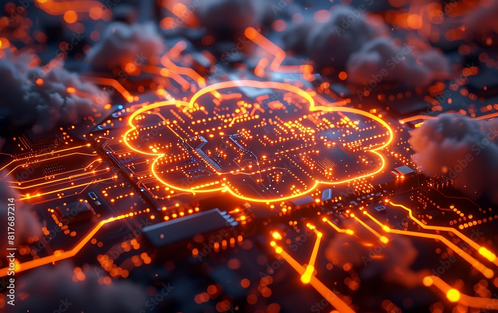 Poster cloud computing concept. 3d illustration of cloud with circuit board