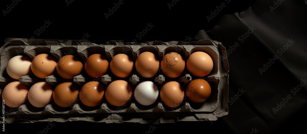 Aufkleber A top view of a black background with a carton of eggs and a kitchen towel providing copy space for text or a message