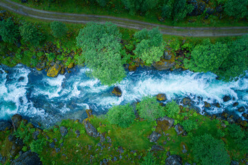 Aerial Top-Down View of a Glacial River Flowing Through Norwegian Forests