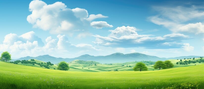 Scenic image of lush green landscape Accommodates text. Creative banner. Copyspace image