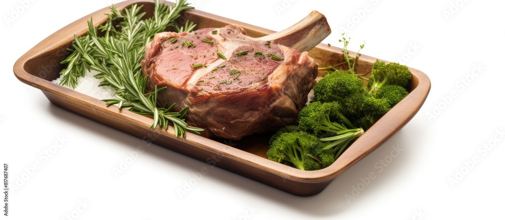 Poster a steel tray holds a raw pork shank knuckle with herbs positioned against a white background ample c