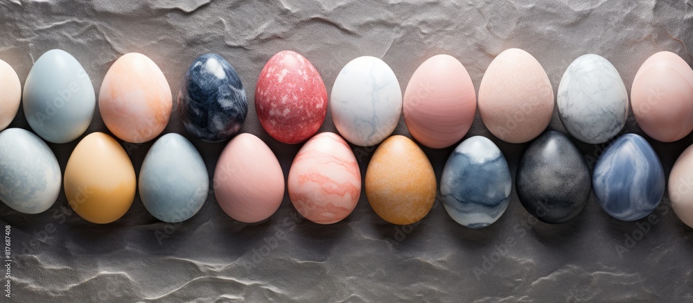 Aufkleber top view of colorful pastel easter eggs arranged on a stone background providing ample copy space fo