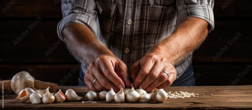 Poster a senior man s hands peel garlic with a wood background in a copy space image depicting the concept 