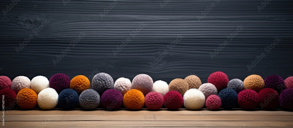 Poster A copy space image of wool balls arranged on a rustic wooden table