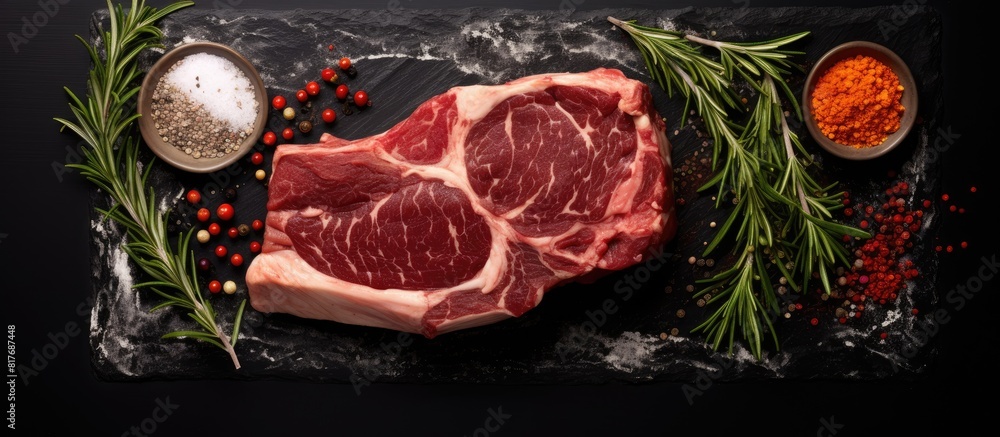 Poster a copy space image of a raw beef bone rib steak is displayed on a black board embellished with herbs