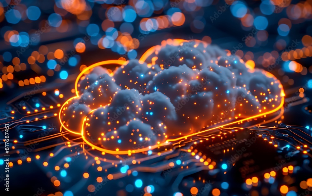 Poster cloud computing concept. 3d illustration of cloud with circuit board