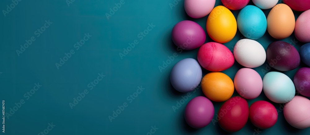 Fototapete colorful easter eggs arranged in a flat lay composition on a background with enough space for text. 