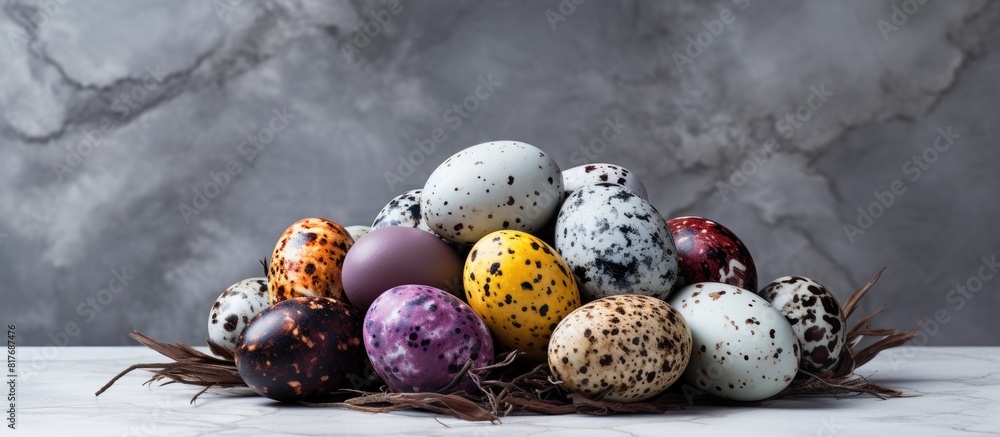 Aufkleber copy space image featuring a nest filled with colored easter quail eggs adorned with feathers set ag