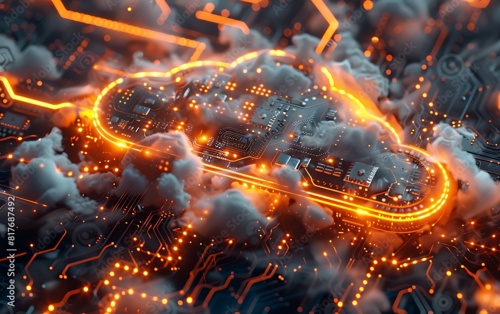 Aufkleber cloud computing concept. 3d illustration of cloud with circuit board