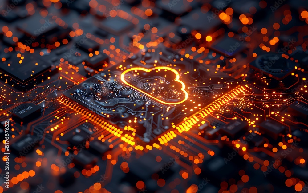 Poster cloud computing concept. 3d illustration of cloud with circuit board