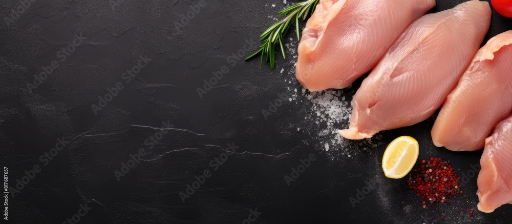 Poster top view of raw uncooked chicken breasts with cooking ingredients on a grey concrete background a pe