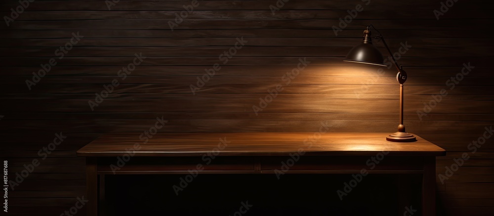 Poster dark room with a wooden table featuring a glowing lamp providing ample copy space image