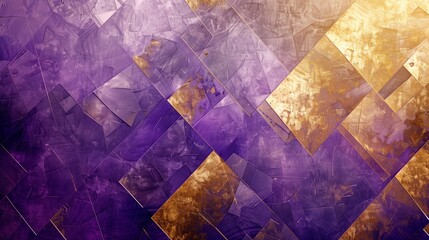 Abstract background, with layers of geometric shapes arranged in a mosaic-like pattern, blending shades of purple with accents of gold 