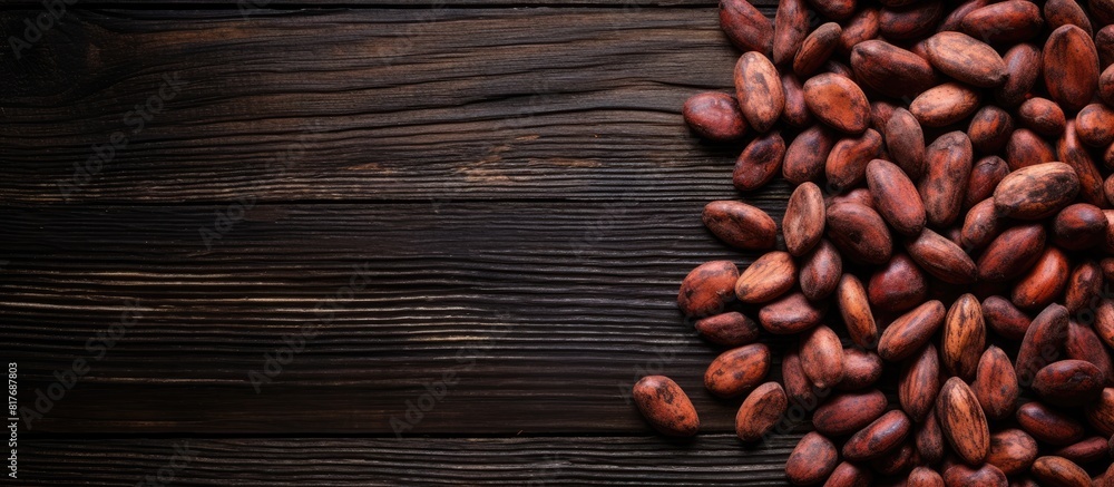 Poster A top down view of cocoa beans placed on a dark wooden background creating a visually appealing copy space image