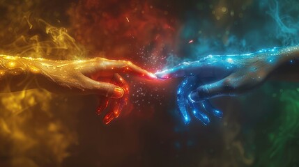 Two Fingers Touching with Bright Spark, Pride Theme, Cinematic Rainbow Background.