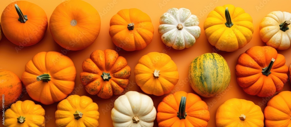 Poster Top view of pumpkins against a colorful background with ample copy space for image placement