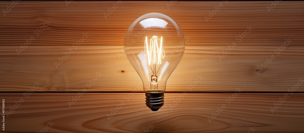 Poster A light bulb is placed on a wooden surface providing a top down perspective The image includes ample copy space for additional content