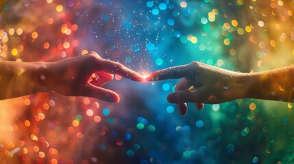 Two Fingers Touching with Bright Spark, Pride Theme, Cinematic Rainbow Background.
